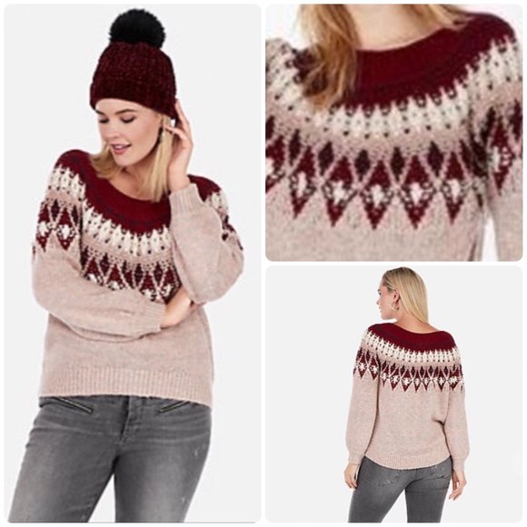 Express Sweaters - Express Fair Isle Hi/Low Oversized Sweater, Maroon/Pink, sz M, EUC, Cotton Blend